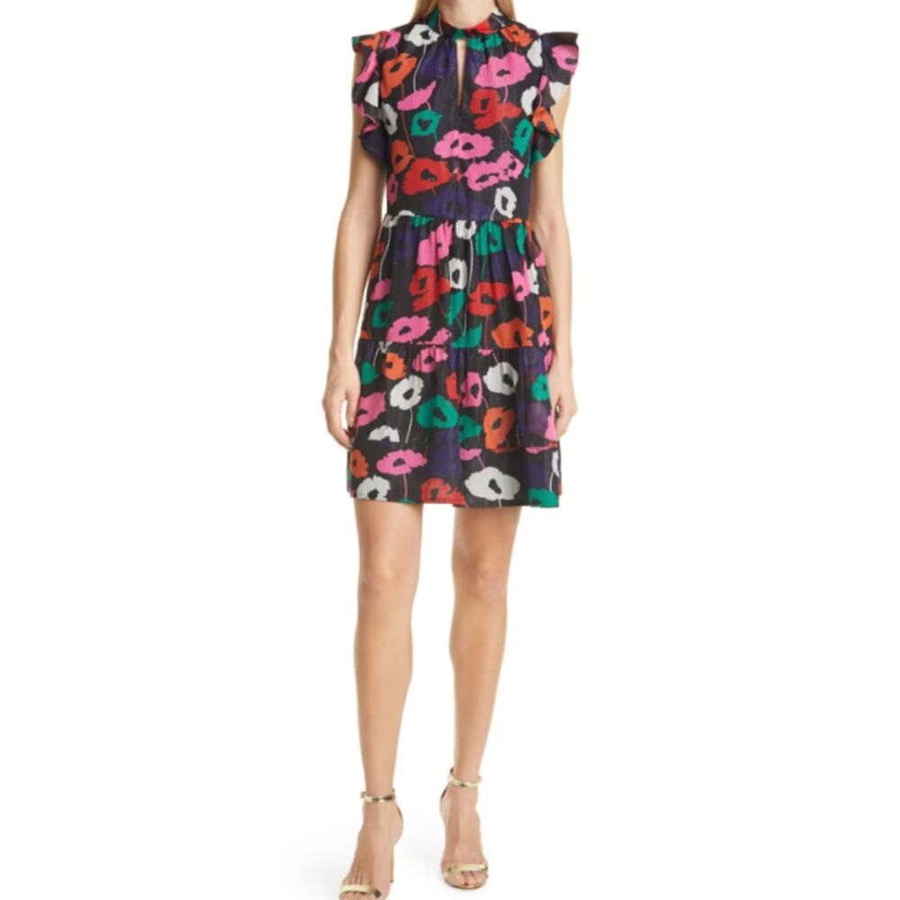 Milly Ruffle Layla Poppy Print Mini Dress‎ Black Multi Dress Size Medium